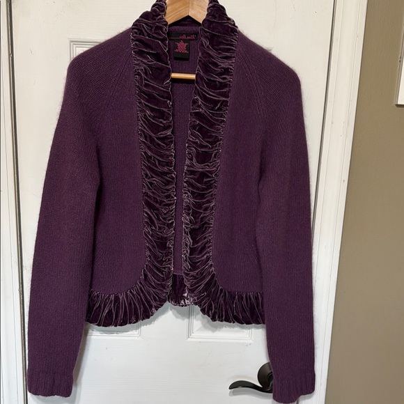 Willi Smith Purple Lambswool Angora Silk Blend Velvet Ruffled Trim Cardigan XL - Picture 1 of 9